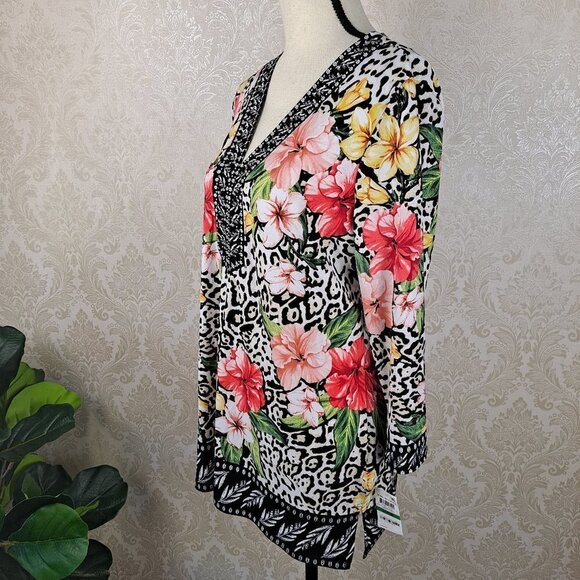JM Collection Size Large Animal Print and Floral Tunic Embellished Neckline NWT - Picture 7 of 16